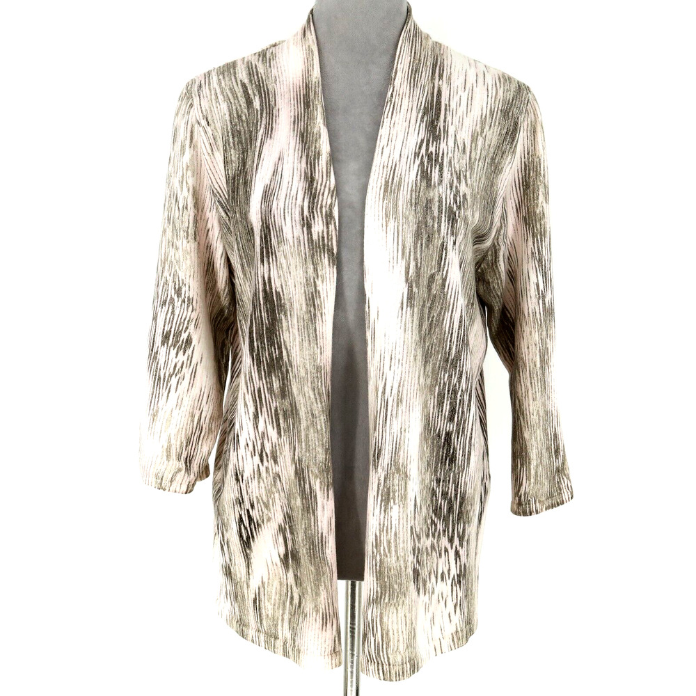 Chicos Sweater 2 Womens Large 12 Ivory Brown Cardigan Open Cotton Blend Coastal